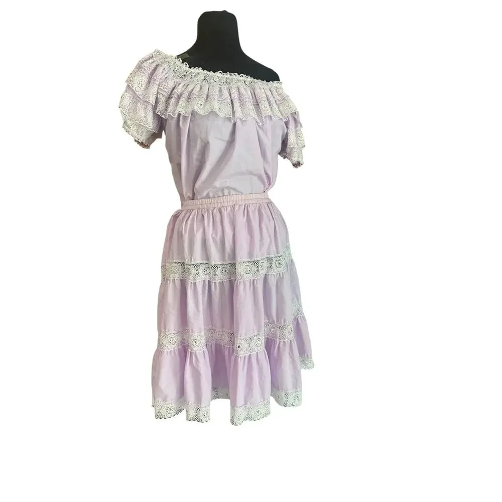 Vintage Square Up Fashions Prairie Skirt Set USA Cottagecore Western Lace Size L